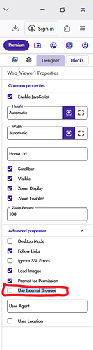 A software interface displays the properties settings for a web viewer component, including options for enabling JavaScript, adjusting height and width, and various display and security preferences, with the 'Use External Browser' option circled in red. (Captioned by AI)