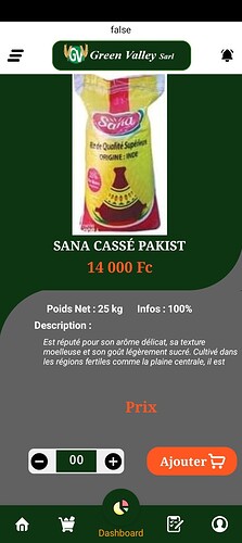 A product page for Sana Cassé Pakist displayed on the Green Valley Sarl website, showing a 25 kg bag priced at 14,000 Fc with a detailed description and an option to add to the cart. (Captioned by AI)