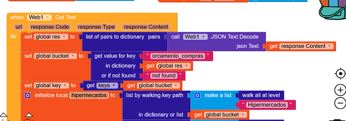 A visual programming interface displaying blocks of code related to processing JSON text, setting global variables, and walking a list by key path within dictionaries or lists. (Captioned by AI)