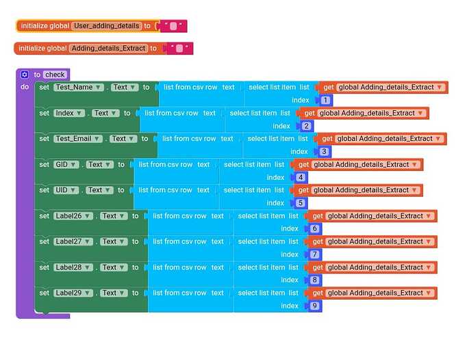The image shows a block-based visual programming script that extracts and processes details from global address data, splitting and joining text segments to create formatted strings. (Captioned by AI)