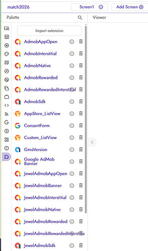A software development interface displaying a list of AdMob and custom view components in a palette panel on the left side of the screen. (Captioned by AI)