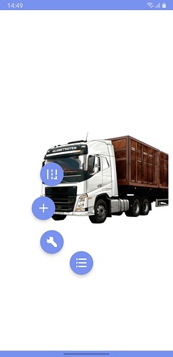 A white semi-truck with a large wooden cargo container on its trailer is displayed on a mobile app interface with several blue circular action buttons. (Captioned by AI)