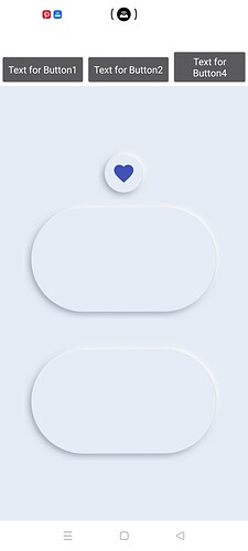 A user interface design featuring three dark rectangular buttons labeled 'Text for Button1', 'Text for Button2', and 'Text For Button3Label', a round toggle switch with a blue heart icon, and two large rounded rectangular sliders. (Captioned by AI)