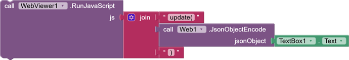 This image shows a block of visual programming code where a WebViewer component runs JavaScript that calls an update function with a JSON-encoded string from a TextBox component as its argument. (Captioned by AI)