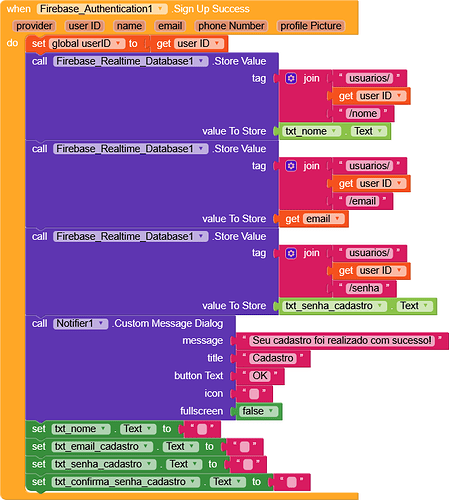A visual programming code block storing user details such as name, email, and password in Firebase Realtime Database upon successful sign-up and then displaying a custom message dialog confirming the successful registration. (Captioned by AI)