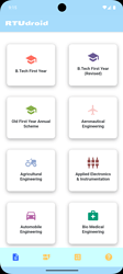 A mobile app screen displays a grid of course cards for various engineering disciplines including B.Tech First Year, Aeronautical Engineering, Agricultural Engineering, Applied Electronics Engineering, Automobile Engineering, and Bio-Medical Engineering, with some courses marked as paid or reserved. (Captioned by AI)