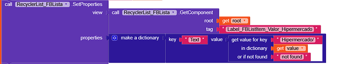 A block of visual programming code setting properties on a RecyclerList component by retrieving a value from a dictionary using specific keys and updating a label text accordingly. (Captioned by AI)