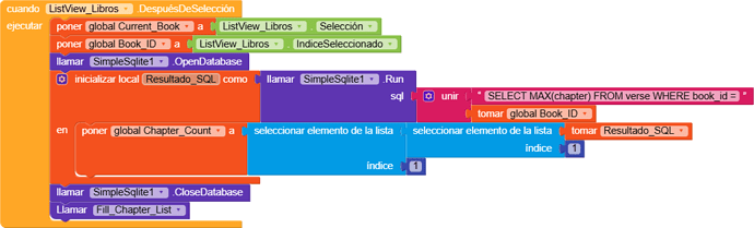 A block-based programming script triggers actions when an item is selected in a list, setting global variables, querying a SQLite database for the maximum chapter number of a book, and then closing the database and updating the chapter list display. (Captioned by AI)