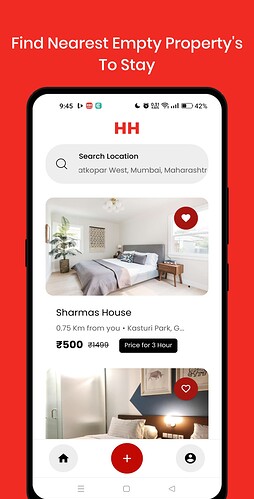 A mobile app interface displaying a property search for nearest empty places to stay, featuring listings with images, prices, and locations. (Captioned by AI)