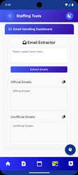 A mobile app screen displaying an Email Handling Dashboard for an Email Extractor tool with input fields for pasting copied items, and sections for official and unofficial emails, along with an Extract Emails button. (Captioned by AI)