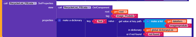 A code block showing a function call to set properties on a RecyclerList component, creating a dictionary with a key 'Text' whose value is retrieved from a nested dictionary path using global data and list items. (Captioned by AI)