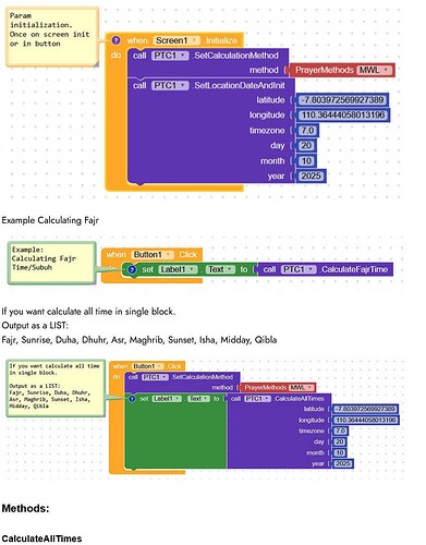 This image shows a programming interface with blocks for initializing location and date, calculating prayer methods and times, and examples of calculating specific prayer times using latitude, longitude, date, and method inputs. (Captioned by AI)