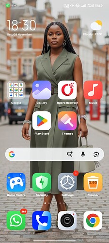 A smartphone home screen displays various app icons with a background image of a woman walking confidently on a cobblestone street in an urban setting. (Captioned by AI)
