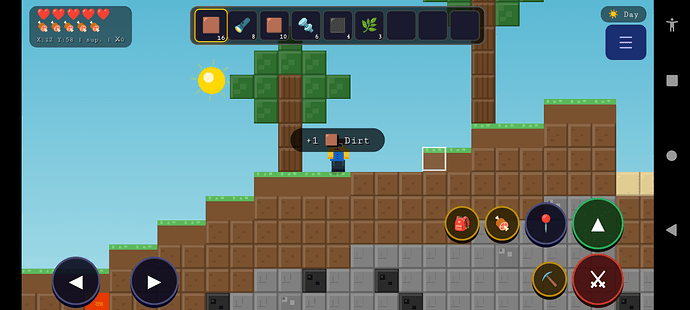 A pixelated character in a sandbox-style game is collecting dirt near a tree on a blocky terrain under a bright sun. (Captioned by AI)