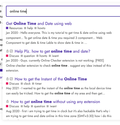 A search results page displaying queries and discussions about obtaining online time and date using web components or without extensions. (Captioned by AI)