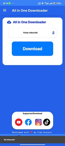 A mobile app interface titled 'All in One Downloader' with a text box to paste a video link and a blue 'Download' button, showing supported platforms like Facebook, YouTube, TikTok, and Instagram icons below. (Captioned by AI)