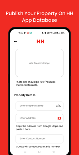 A mobile app screen titled 'Publish Your Property On HH App Database' showing fields to add a property image, enter property details, copy address from Google Maps, and set a price with a red-themed interface. (Captioned by AI)