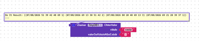 The image shows a coding interface with data tuples and a purple block command calling a TinyDB1 function to retrieve the value associated with the label 'cesta', returning an empty string if the label does not exist. (Captioned by AI)