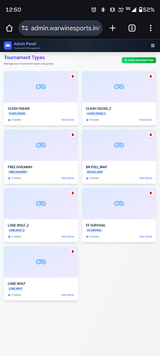 A screenshot of an admin panel interface from Warwine Sports showing various tournament types such as Clash Squad, Free Giveaway, and FF Survival, each with options to view games and a toggle for enabling or disabling the tournaments. (Captioned by AI)