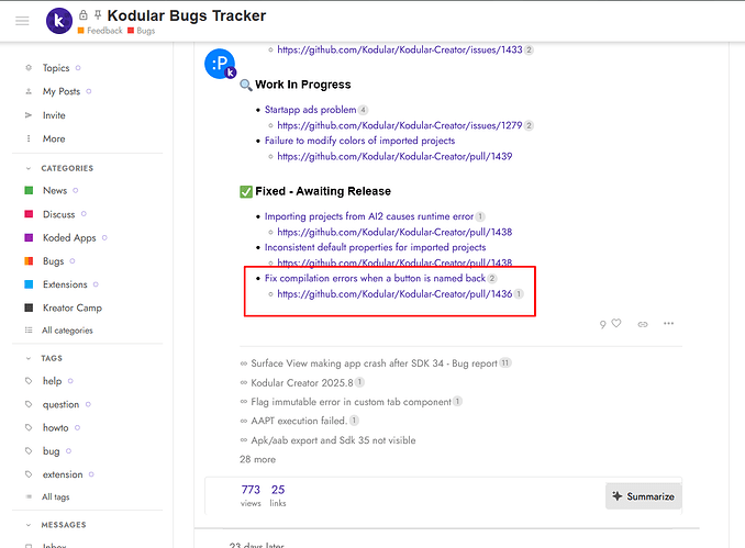 This image shows a section of the Kodular Bugs Tracker webpage highlighting a fixed issue regarding the 'Companion error when a button is named btn1' with a link to the Github issue 1436. (Captioned by AI)