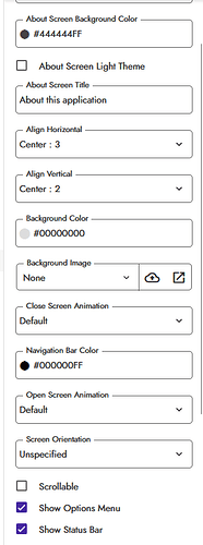 The image shows a settings interface with options for configuring screen background colour, title alignment, background image, animations, navigation bar colour, screen orientation, and toggles for options menu and status bar visibility. (Captioned by AI)