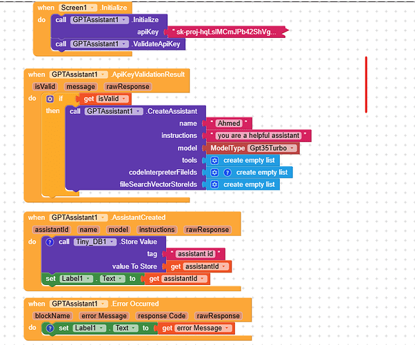 This image shows a visual programming interface with blocks defining the initialization, API key validation, assistant creation, data storage, and error handling processes in an app. (Captioned by AI)