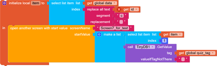 A block-based code snippet initializes a local item variable, retrieves a list item from global data using an ID, replaces text in the segment, and opens another screen with a start value obtained from a TinyDB call using a quiz tag. (Captioned by AI)