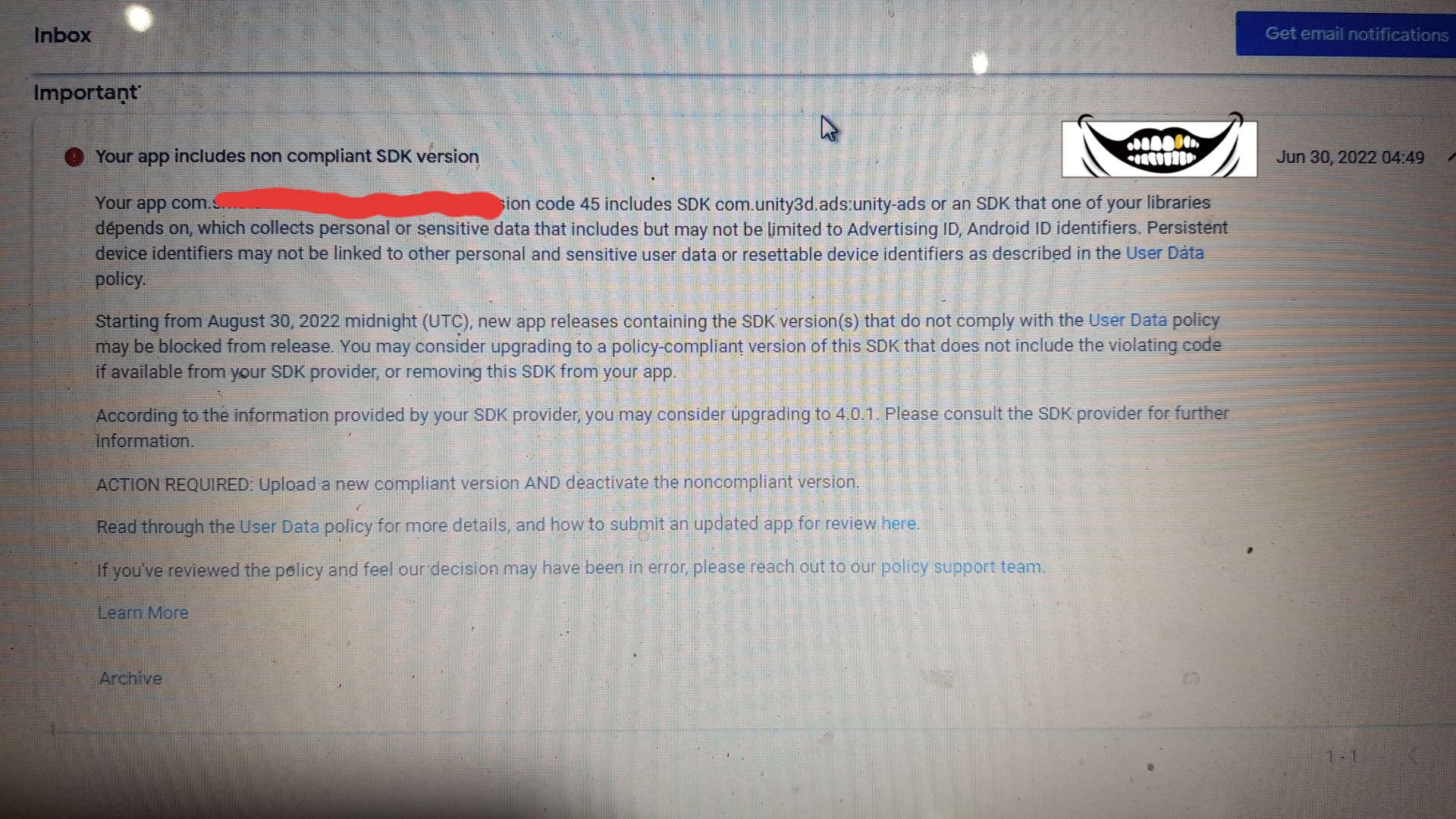 Playconsole Warning: Your App includes non compliant SDK version ...