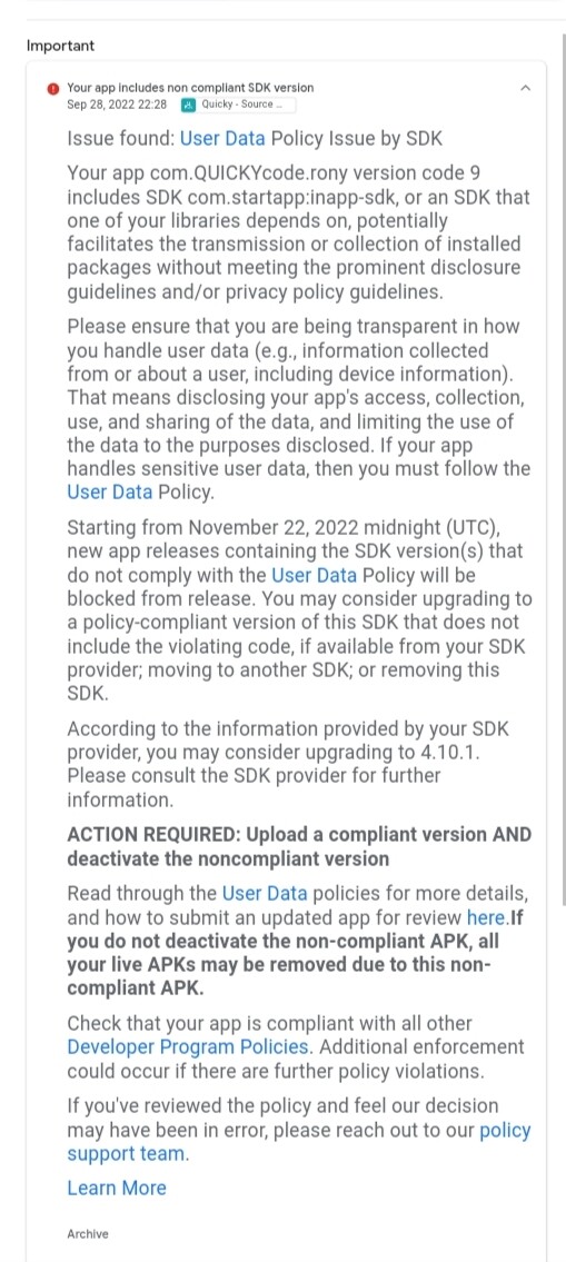 Your app includes non compliant SDK version - Discuss - Kodular Community