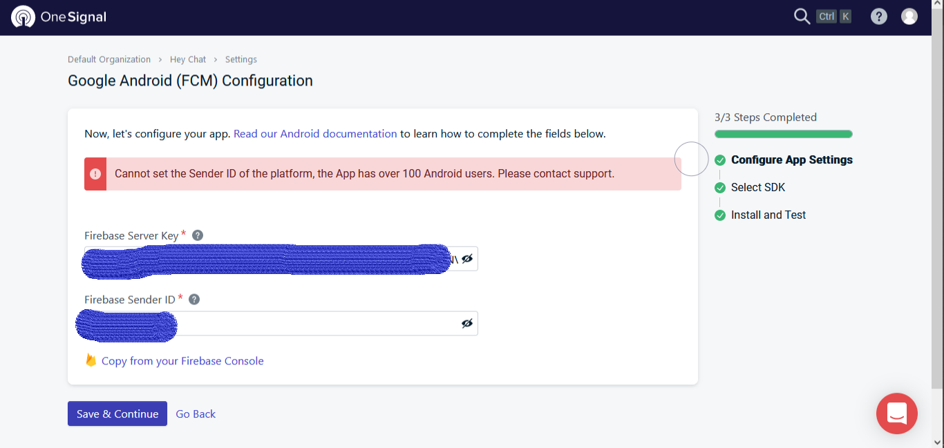 Onesignal cannot cannot change sender id,,the App has over 100 Android ...