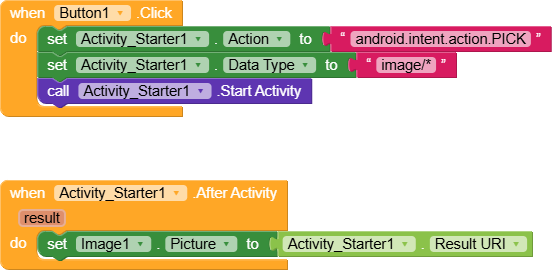 This image shows a block-based programming script that triggers an activity to pick an image and then sets that image to an Image component after the activity completes. (Captioned by AI)