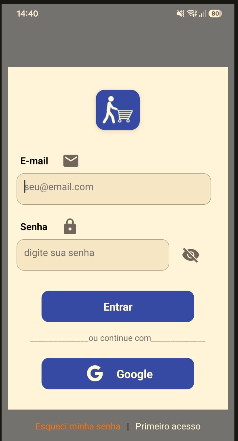 A login screen for an app in Portuguese with fields for email and password, a button to enter, an option to continue with Google, and links for forgotten password and first access. (Captioned by AI)