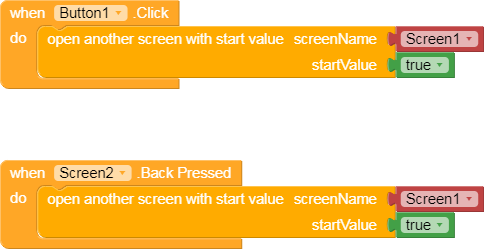 The image shows two blocks of programming logic that open 'Screen1' with a start value of 'true' when Button1 is clicked and when the back button is pressed on Screen2. (Captioned by AI)