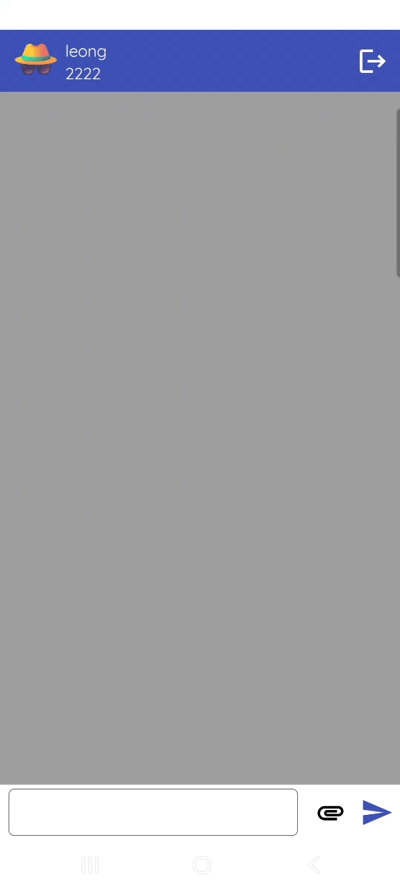A mobile messaging app screen shows a conversation from user 'leong' with a score or count of 2222, featuring a blank grey chat area and an empty text input field at the bottom with send and attachment icons. (Captioned by AI)