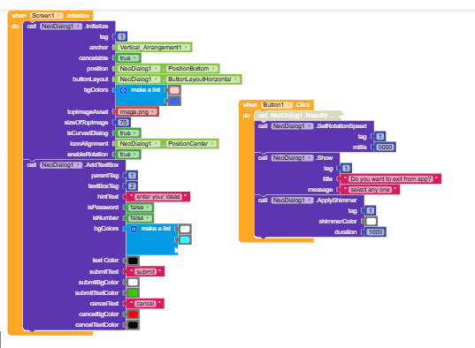 A block-based visual programming interface showing code to initialise a NeoDialog with a text box for user input and a button click event that displays the dialog with animation and a prompt asking if the user wants to exit the app. (Captioned by AI)