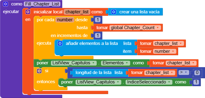 The image shows a block-based programming script that initializes and fills a chapter list, updates a ListView with chapter elements, and sets the selected index if the list is not empty. (Captioned by AI)