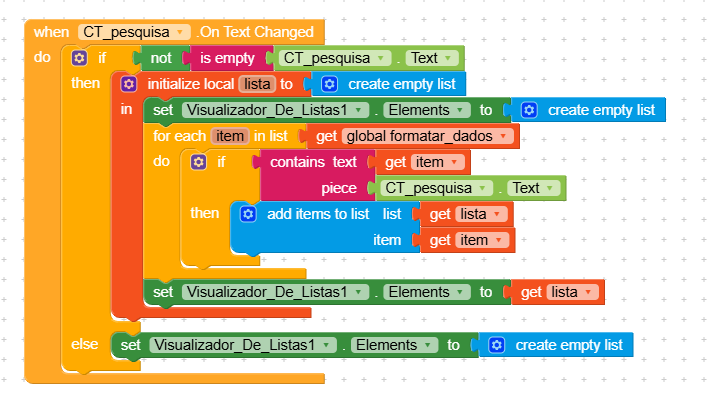 A visual programming block script that filters a global data list based on text input changes, updating a list visualiser accordingly. (Captioned by AI)