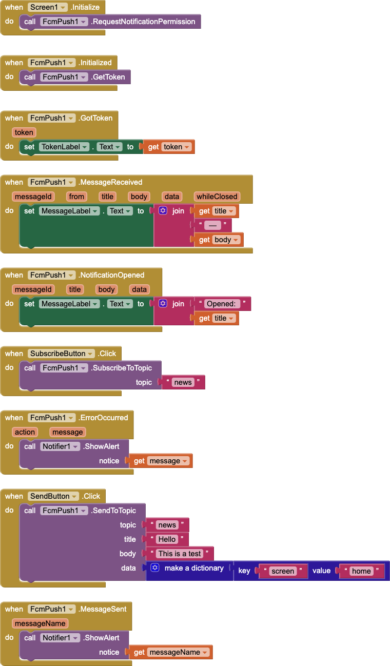 App Inventor blocks for receiving an FcmPush message and sending one to the news topic