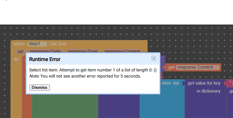 A runtime error message appears on a block-based programming interface, stating an attempt to access an item from an empty list. (Captioned by AI)