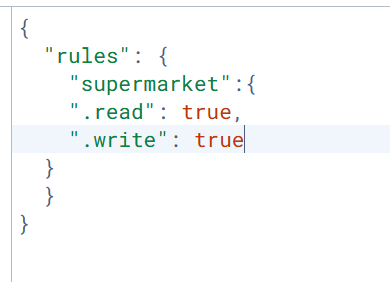 A snippet of JSON code defining read and write permissions as true for a 'supermarket' object within 'rules'. (Captioned by AI)
