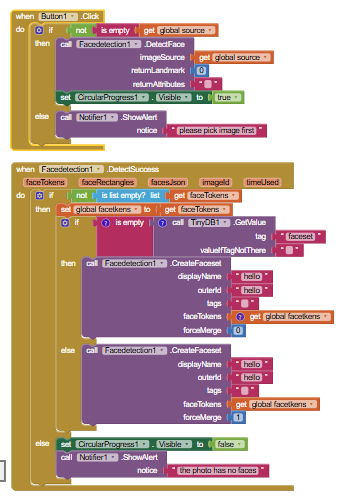 A block-based programming interface for facial detection and recognition using FaceDetection1 and TinyDB1 components with conditional alerts and progress visibility. (Captioned by AI)