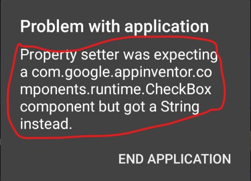 An application error message indicates a type mismatch, where a CheckBox component was expected but a String was received instead. (Captioned by AI)