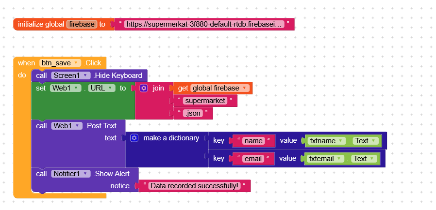 A block-based programming interface showing code to save user input data (name and email) to a Firebase database when a save button is clicked, followed by showing a success alert. (Captioned by AI)