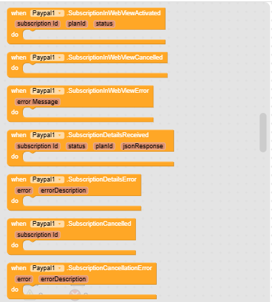 The image shows a series of programming event handlers related to PayPal subscription processes in a block-based coding environment. (Captioned by AI)