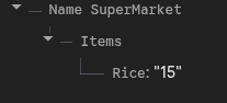 A structured data snippet showing a 'SuperMarket' category with an 'Items' subcategory listing 'Rice' with a quantity of 15. (Captioned by AI)