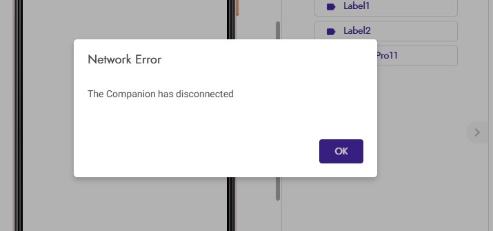 A pop-up error message displays "Network Error: The Companion has disconnected" with an OK button on a computer screen. (Captioned by AI)