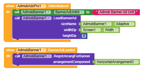 A screenshot of a block-based programming interface showing code for initialising and loading an adaptive AdMob banner ad, then registering the ad banner to a horizontal arrangement component once loaded. (Captioned by AI)