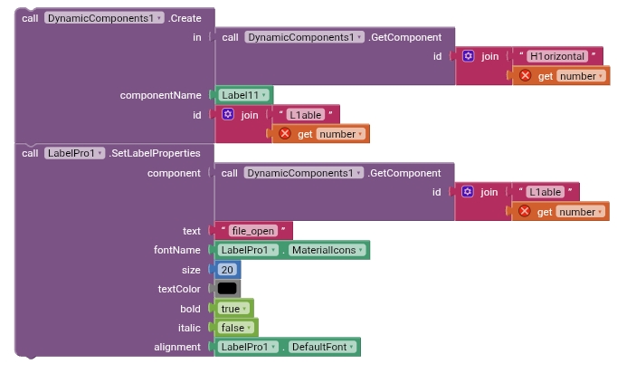 This image shows a visual programming block code snippet for creating and setting properties of dynamic label components in an app development environment. (Captioned by AI)