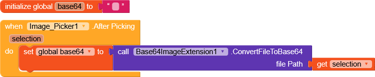 A visual programming code snippet that initializes a global variable named base64 and converts a selected image file to a Base64 string using an image picker and a Base64 conversion extension. (Captioned by AI)