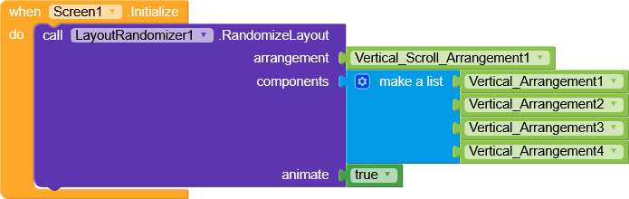 A block of code for Screen1 initialization calling LayoutRandomizer1 to randomize the layout of four vertical arrangements with animation enabled. (Captioned by AI)